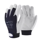 Védőkesztyű kecskebőr pamut kézhát gumírozott top gove, sötétkék/fehér