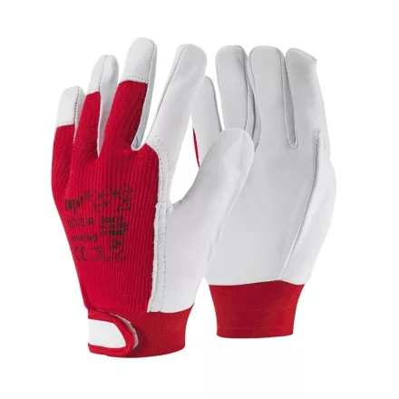 Védőkesztyű kecskebőr pamut kézhát gumírozott top gove, piros/fehér