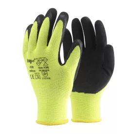 Védőkesztyű latex mártott poliészter lélegző top job, fekete/sárga