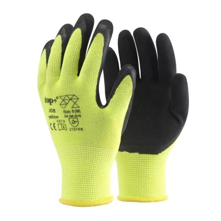 Védőkesztyű latex mártott poliészter lélegző top job, fekete/sárga