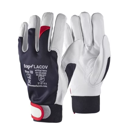 Védőkesztyű báránybőr pamut kézhát top lacov, sötétkék/fehér/piros