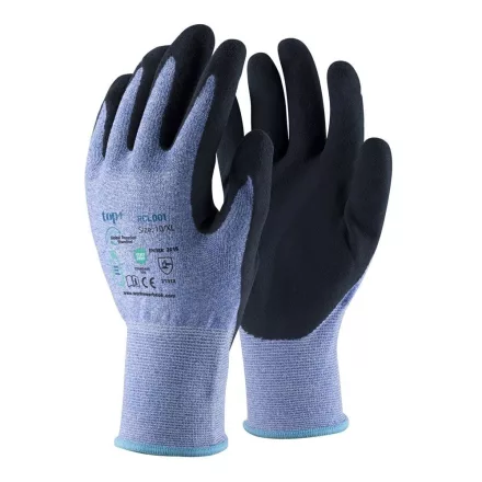 Védőkesztyű top rcl001 pe+spandex, habosított érdesített latex mártás, kék/fekete