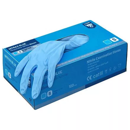 Védőkesztyű egyszerhasználatos púdermentes nitril top nitrax 100db/doboz, kék