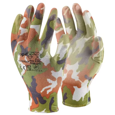 Védőkesztyű mártott poliészter top pu terrain, terepszínű zöld