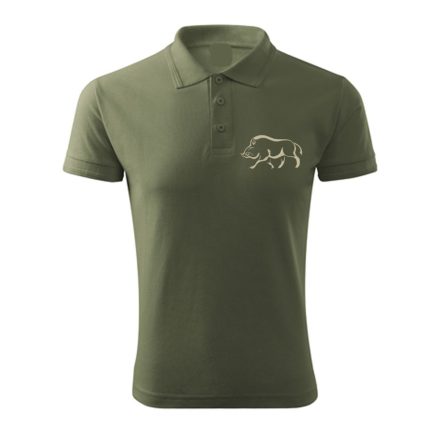 Vadász póló (vaddisznó hímzéssel) galléros TOP, khaki